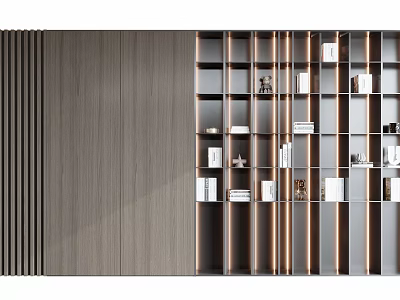 Modern Wooden Bookshelf With Layered Shelves LED Strip Lights Books And Decorations 3d model