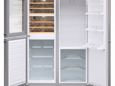 White Open Refrigerator In Modern Kitchen With Glass Shelves And Drawers 3d model