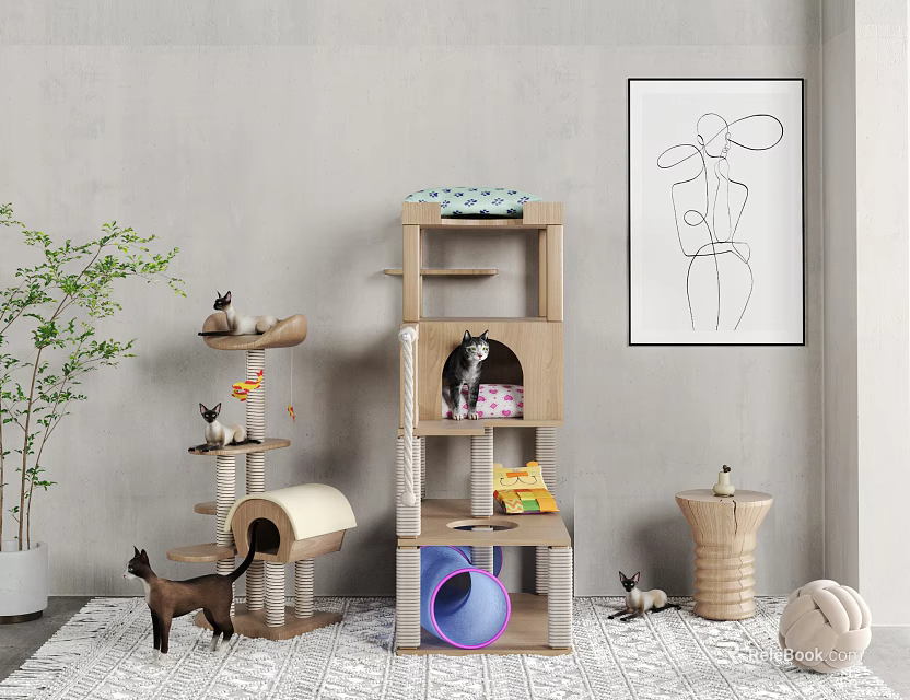 Cat Tree Pet Furniture For Indoor Cats With Plants Wall Art And Cozy Carpet 3d model 