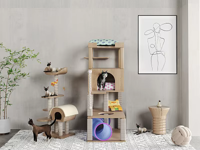 Cat Tree Pet Furniture For Indoor Cats With Plants Wall Art And Cozy Carpet 3d model