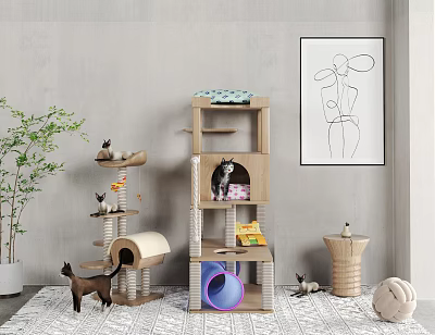 Cat Tree Pet Furniture For Indoor Cats With Plants Wall Art And Cozy Carpet 3d model