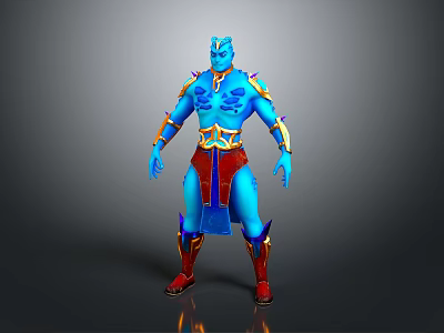 Blue Mythical Character With Glowing Body Golden Ornaments And Red Pants 3d model