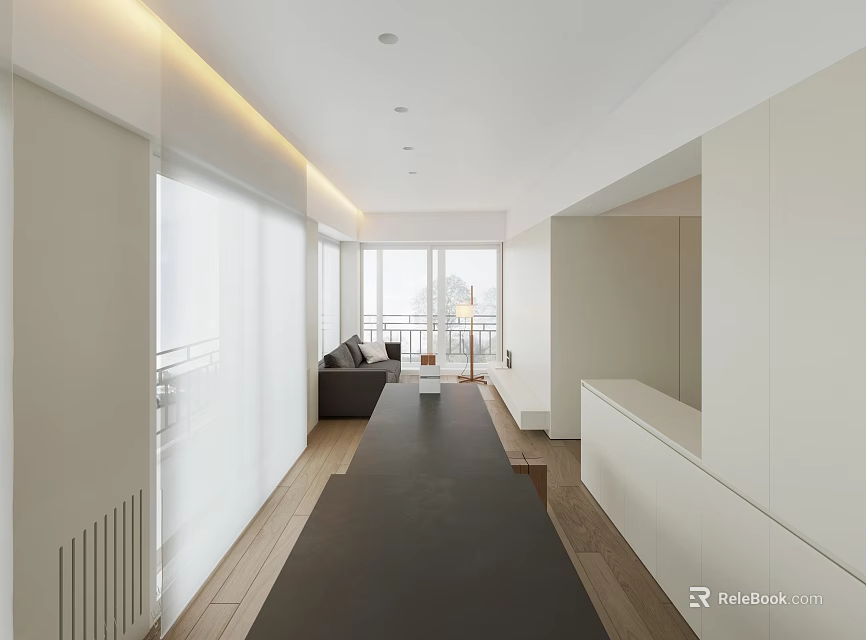 Minimalist Living And Dining Area Design With White Walls Wooden Floors And Long Black Table 3d model 