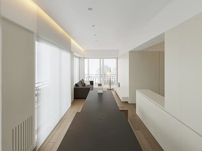 Minimalist Living And Dining Area Design With White Walls Wooden Floors And Long Black Table 3d model