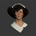 3D Female Head Model With Curly Dark Brown Hair and White Headpiece Featuring Circular Decorations