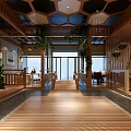 Modern Living Dining Room Interior Design With Hexagonal Ceiling Sofa Plants And Wooden Flooring