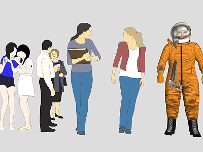 Group of People with Astronaut in Orange Spacesuit Standing and Interacting in Casual Attire 3d model