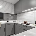 Gray Kitchen Cabinets With White Tile Backsplash And Countertop Near Window 3d model
