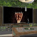 Chinese Restaurant Interior With Bamboo Decor Green Vines Wooden Table Skewers And Stone Railings