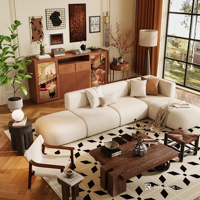Beige L-shaped Sofa Wooden Coffee Table Set With Green Plant Floor Lamp in Living Room 3d model 