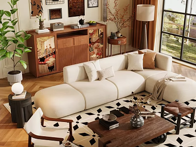 Beige L-shaped Sofa Wooden Coffee Table Set With Green Plant Floor Lamp in Living Room 3d model