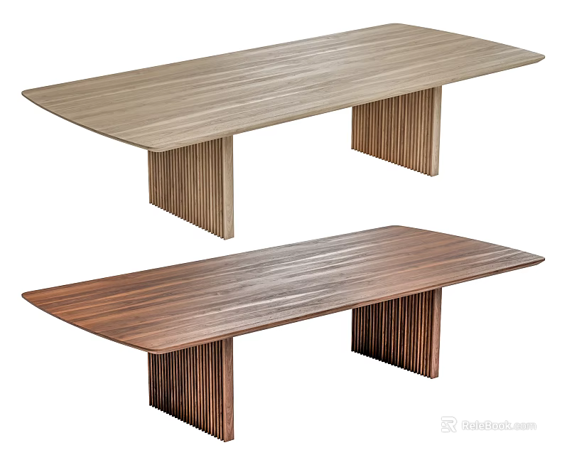 Rectangular Wooden Dining Table With Striped Legs In Light And Dark Wood Tones 3d model