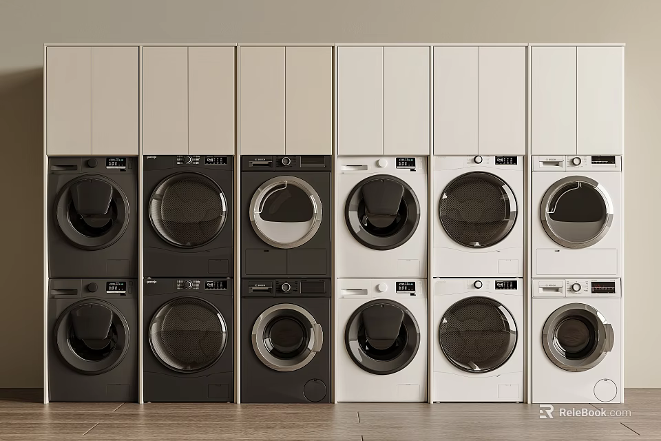 Multiple Black And White Washing Machines With Cabinets In Modern Laundry Interior 3d model 
