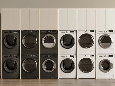 Multiple Black And White Washing Machines With Cabinets In Modern Laundry Interior 3d model