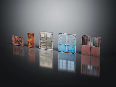 Furniture Doors In Various Styles Colors Glass And Wooden Designs On Black Background With Reflections 3d model