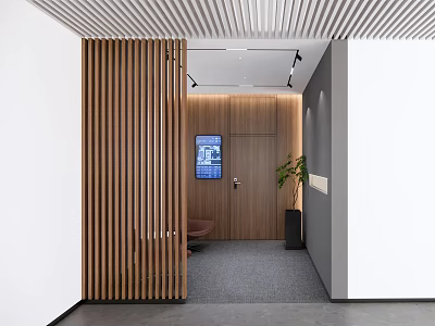 Modern Office Corridor Interior With Wooden Slat Partition Digital Screen Green Plant And Gray Carpet 3d model