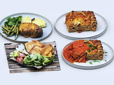 Assorted Homemade Dishes With Roast Meat Lasagna Roasted Vegetables And Salad 3d model