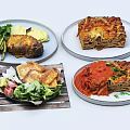 Assorted Homemade Dishes With Roast Meat Lasagna Roasted Vegetables And Salad