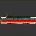 Vintage Red And White Tram Model With Yellow Pantograph Side Windows On Reflective Surface