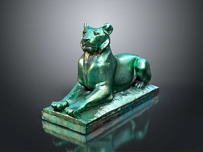 Reclining Green Bronze Lion Statue With Square Base And Dark Reflective Background 3d model