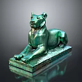 Reclining Green Bronze Lion Statue With Square Base And Dark Reflective Background
