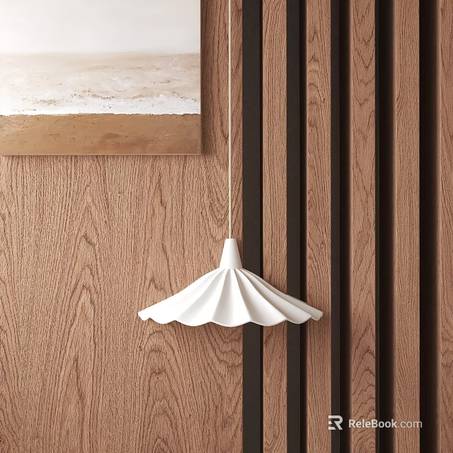 White Pleated Pendant Light Hanging on Wooden Wall with Abstract Painting 3d model 