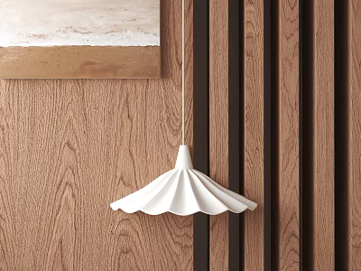 White Pleated Pendant Light Hanging on Wooden Wall with Abstract Painting 3d model
