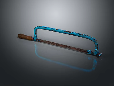 Hacksaw with blue metal frame and wooden handle on dark background showing clear reflection 3d model