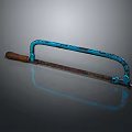 Hacksaw with blue metal frame and wooden handle on dark background showing clear reflection