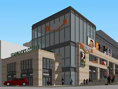 Modern Commercial Complex With Glass Facade Starbucks Coffee And PRADA Stores 3d model
