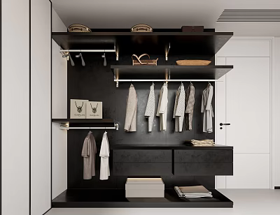 Modern Black Wardrobe Interior Design With Hanging Clothes Folded Items And Shelves 3d model