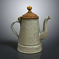 Vintage Ceramic Kettle with White Body and Brown Lid as Daily Electrical Appliance