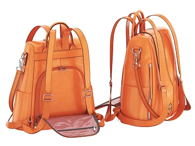 Orange Leather Backpacks with Adjustable Straps Zipper Pockets and Transparent Compartment 3d model