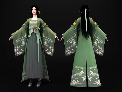 Game Movie Character Wearing Green Traditional Costume With Floral Patterns Yellow Decorations Front And Back Views 3d model