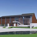 Modern Sales Office Building With Unique Roof Design Waterfront Location Green Lawn And Circular Driveway
