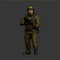 Military Soldier In Uniform With Helmet Holding Rifle Standing On Gray Background