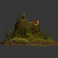 Natural Tree Stump With Orange Mushrooms Green Moss And Fallen Leaves