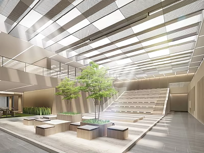 Spacious Indoor Hall With Glass Roof Staircase Green Plants And Benches 3d model