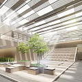 Spacious Indoor Hall With Glass Roof Staircase Green Plants And Benches