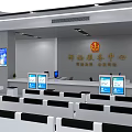 Modern Public Service Hall Interior Design With Service Counters Computers Display Screens And Waiting Tables
