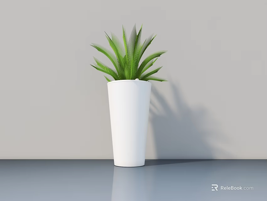 Green Leaf Potted Plant in White Pot on Gray Tabletop with Light Gray Wall 3d model 