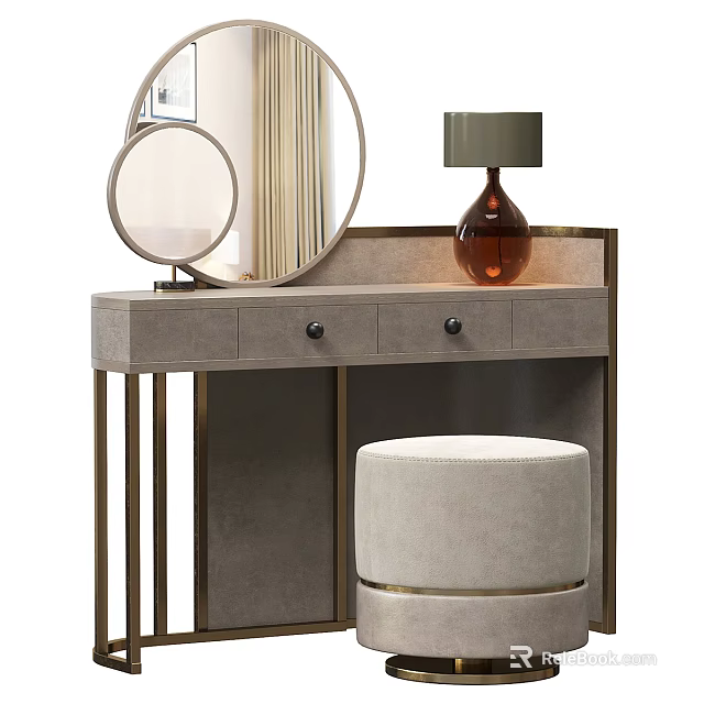 Elegant Modern Vanity Table With Round Mirror Table Lamp And Upholstered Stool 3d model