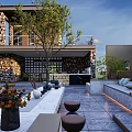 Modern Courtyard Garden Landscape Featuring Vine Wall Trees Greenery Stone Floor Sofa Open-air Leisure Area