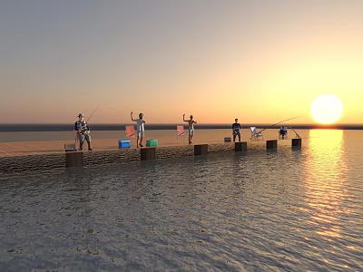 Group of People Fishing on Pier During Beautiful Sunset Over Water 3d model