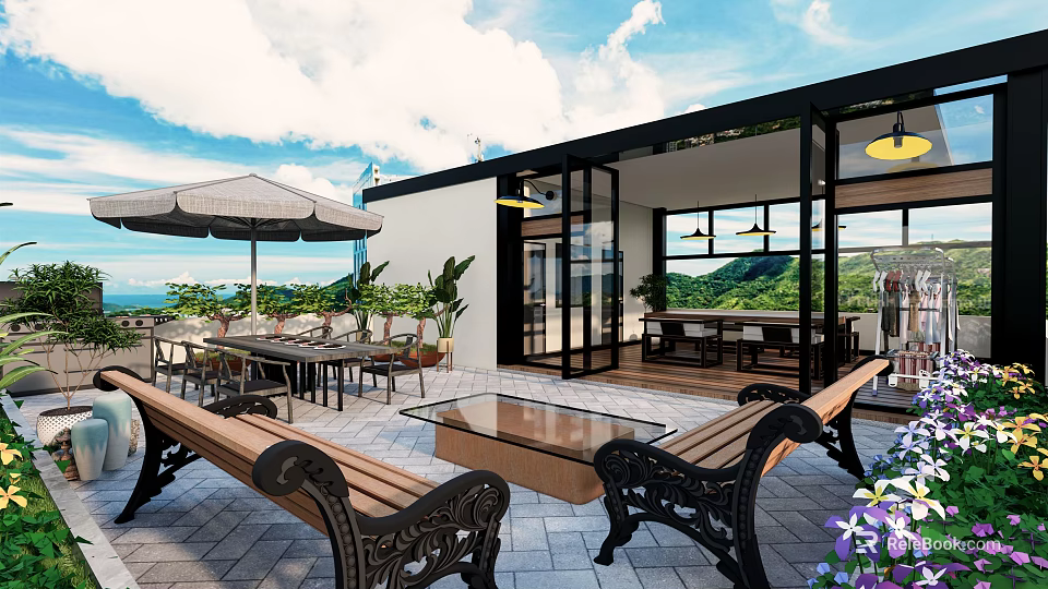 Rooftop Garden Outdoor Space With Patio Furniture Umbrella Plants Glass Doors Mountain View Paved Flooring 3d model 