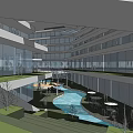 Modern Commercial Complex Design With Open Courtyard Green Spaces And Glass Facade