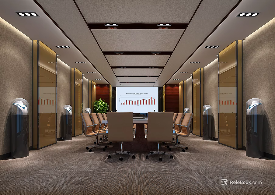Modern Conference Room Interior With Long Table Chairs Projection Screen And Lighting 3d model