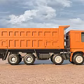 Orange Large Dump Truck Driving On Sandy Ground Under Blue Sky White Clouds