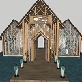 Wooden House With Triangular Roof Glass Walls And Lanterns On Water Deck