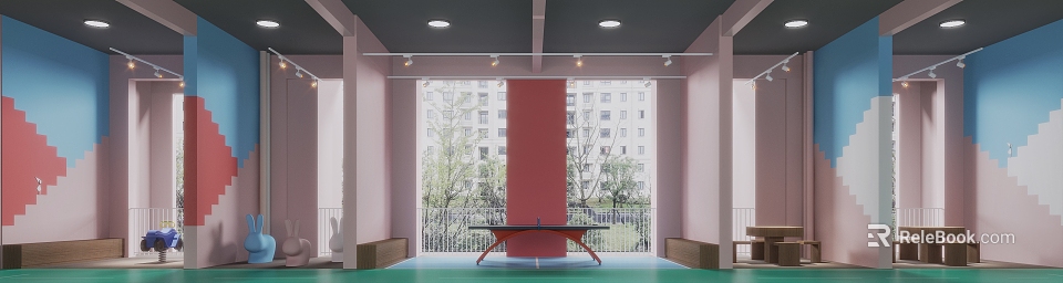 Indoor Recreational Area With Ping Pong Table Red Pillar And Large Windows Overlooking Trees 3d model 